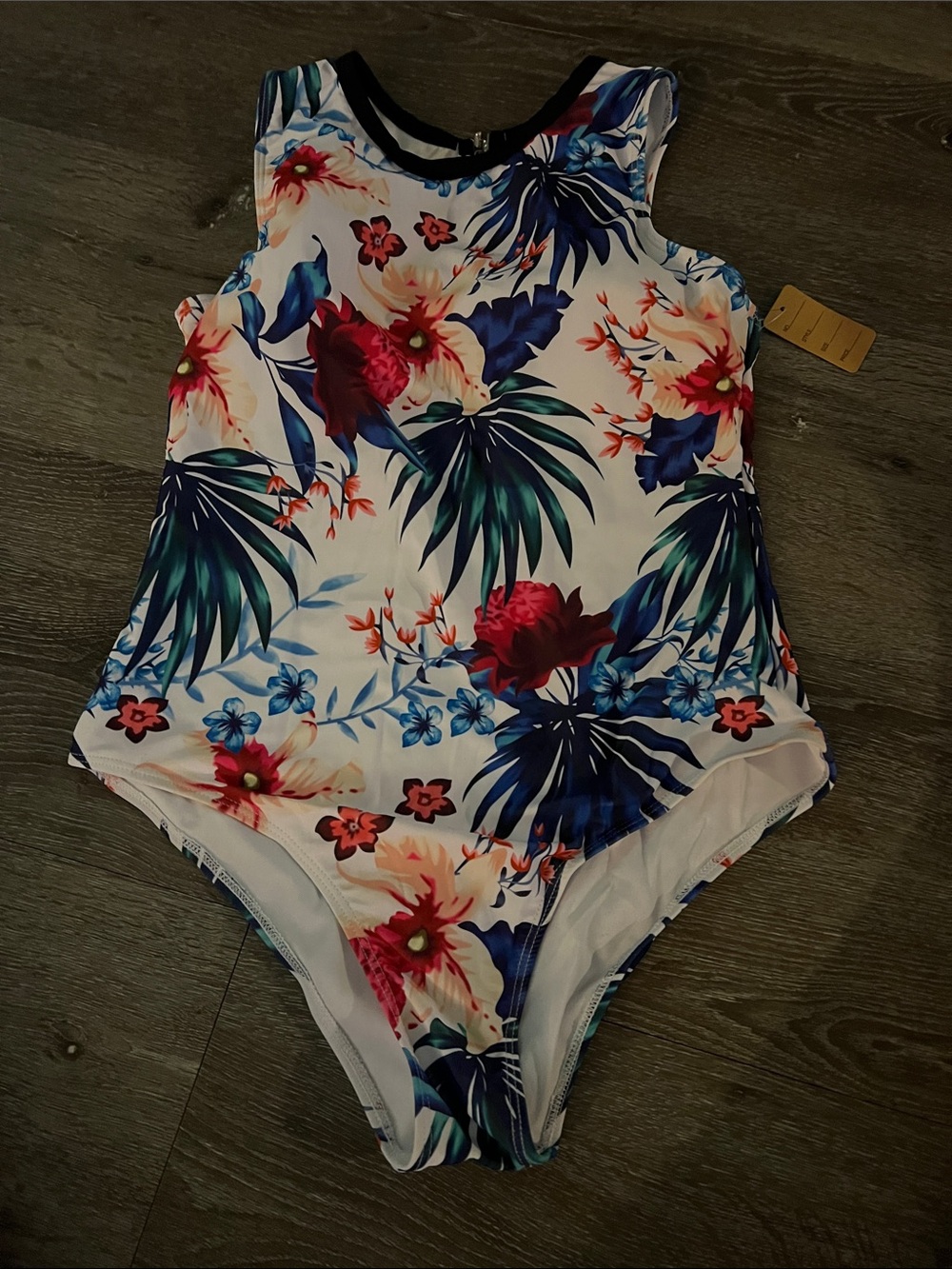 Woman’s Floral Swimsuit - White with Blue & Pink Tropical Print NWT large